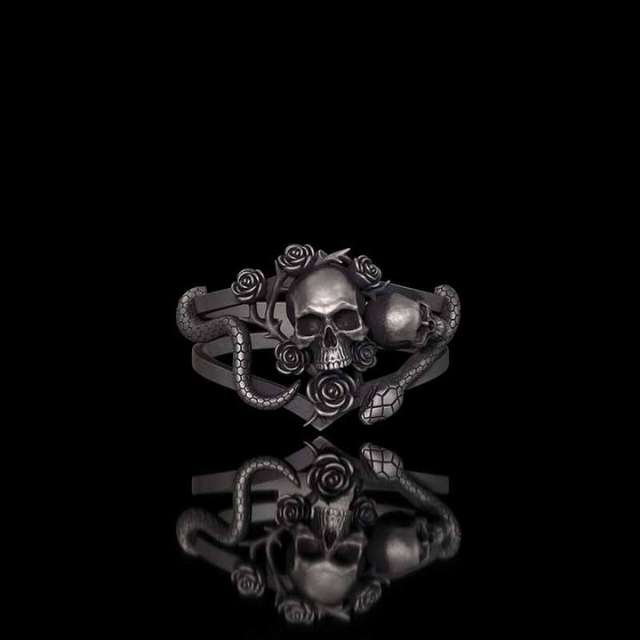 Gothic Rose Skull Snake Entwined Sterling Silver Ring | RoyalLuster.com