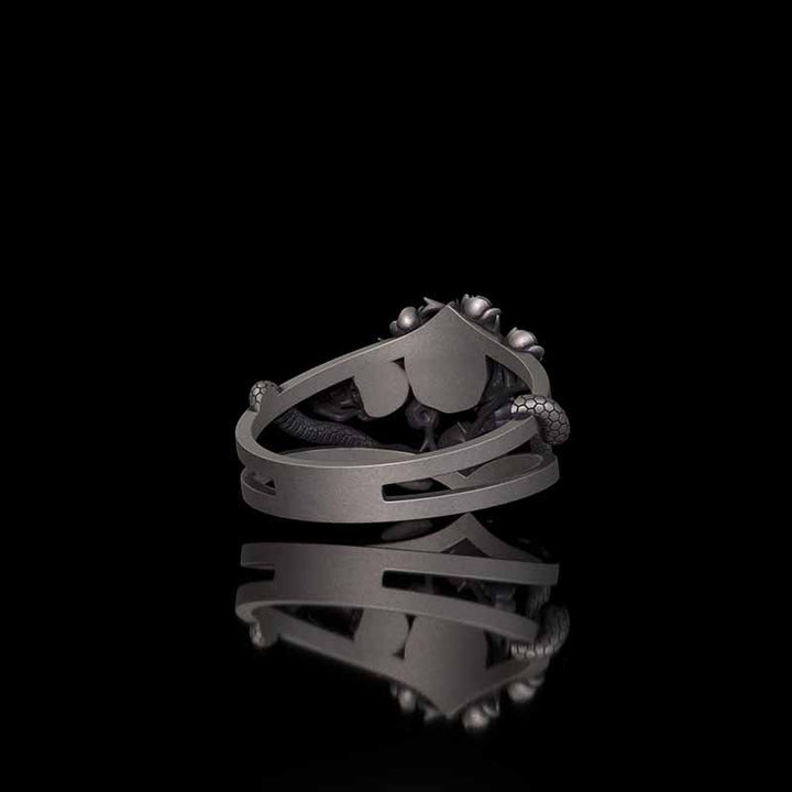 Gothic Rose Skull Snake Entwined Sterling Silver Ring