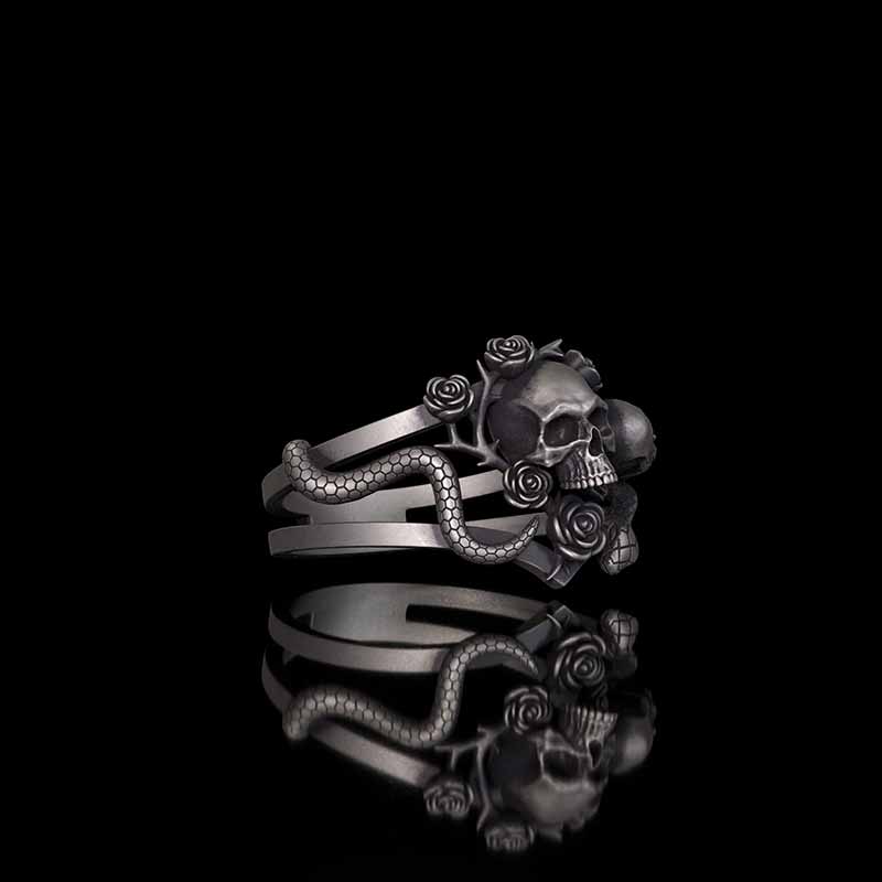 Gothic Rose Skull Snake Entwined Sterling Silver Ring | RoyalLuster.com