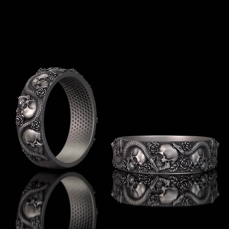 Gothic Rose Skull Snake Sterling Silver Ring 01 | RoyalLuster.com