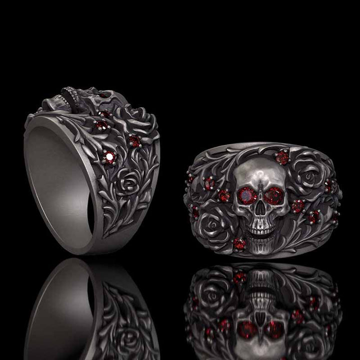 Gothic Rose Skull Sterling Silver Gemstone Ring | RoyalLuster.com