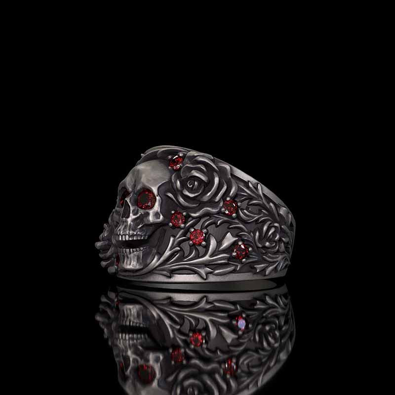 Gothic Rose Skull Sterling Silver Gemstone Ring | RoyalLuster.com