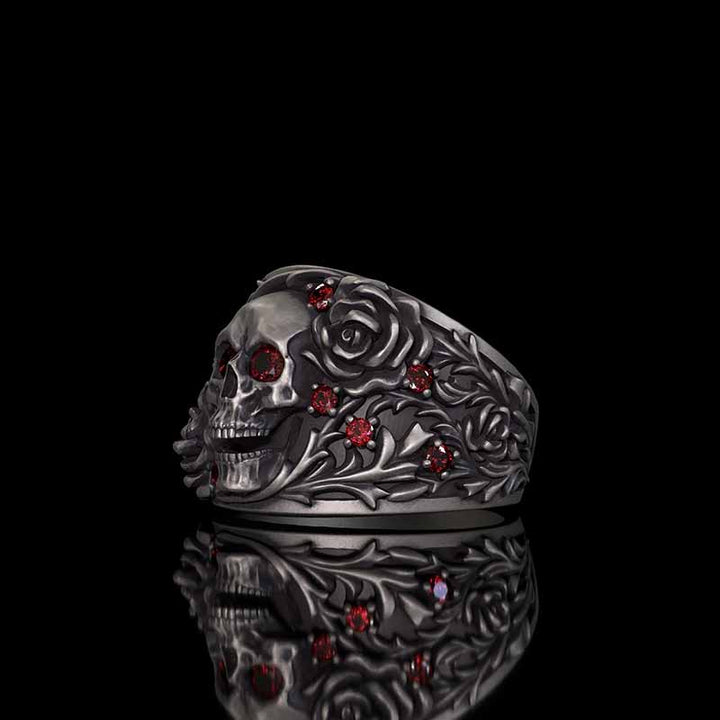 Gothic Rose Skull Sterling Silver Gemstone Ring | RoyalLuster.com