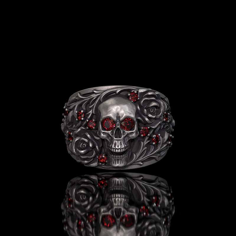 Gothic Rose Skull Sterling Silver Gemstone Ring | RoyalLuster.com