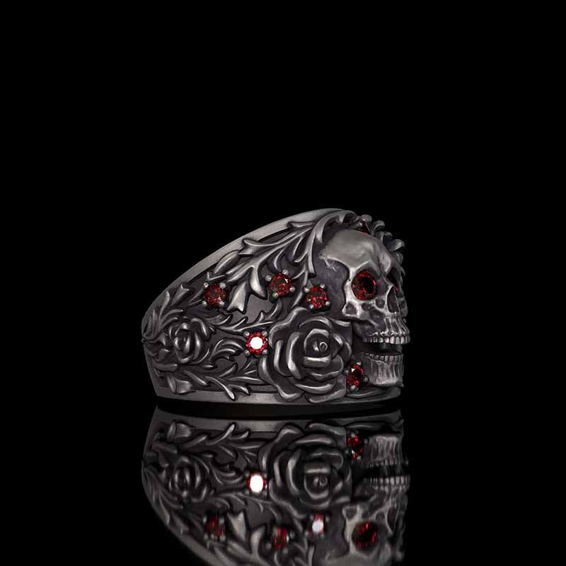 Gothic Rose Skull Sterling Silver Gemstone Ring | RoyalLuster.com