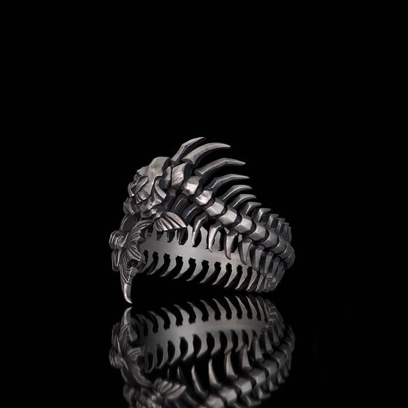 Gothic Skull Fishbone Spine Sterling Silver Open Ring 03| RoyalLuster.com
