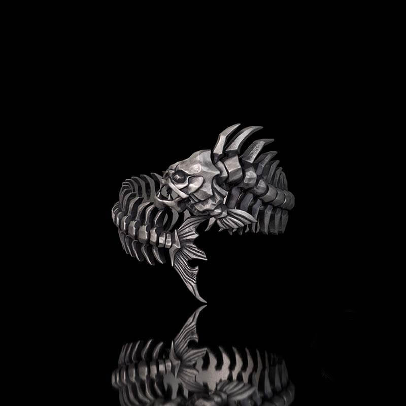 Gothic Skull Fishbone Spine Sterling Silver Open Ring 02 | RoyalLuster.com