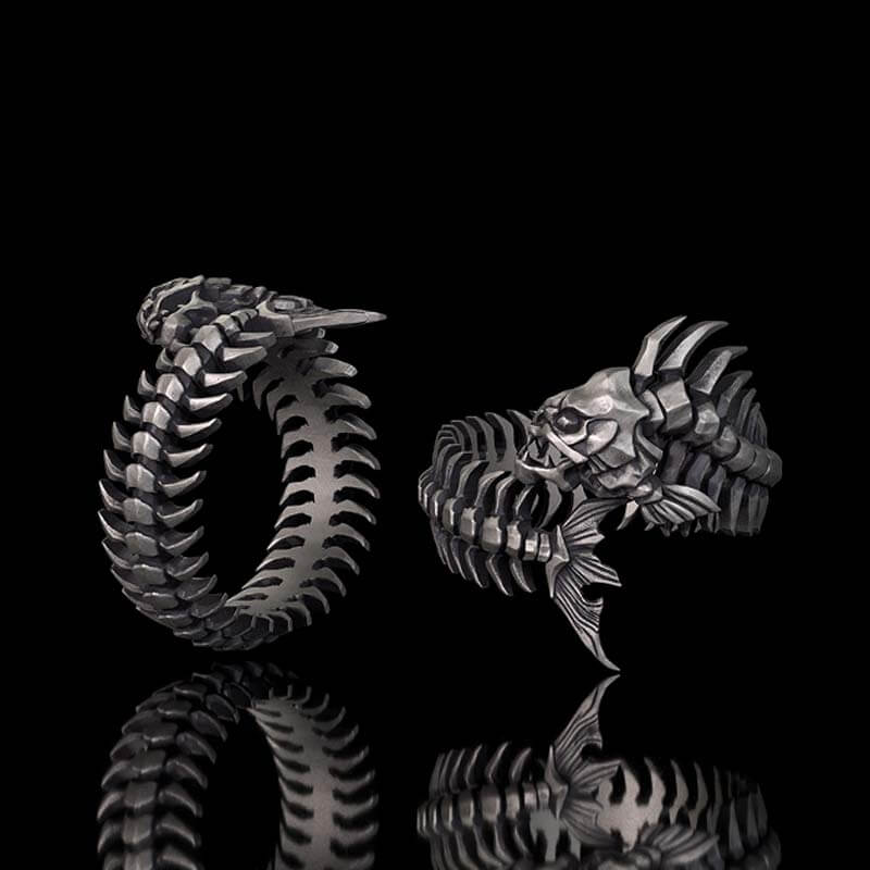 Gothic Skull Fishbone Spine Sterling Silver Open Ring 01 | RoyalLuster.com