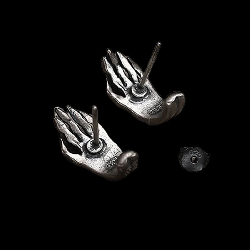 Gothic Skull Hand 925 Sterling Silver Stud Earrings