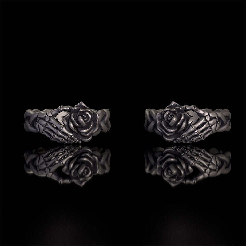 Gothic Skull Hand Holding Rose Sterling Silver Ring | RoyalLuster.com
