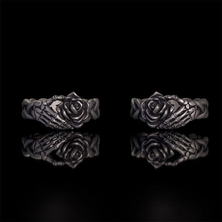 Gothic Skull Hand Holding Rose Sterling Silver Ring | RoyalLuster.com