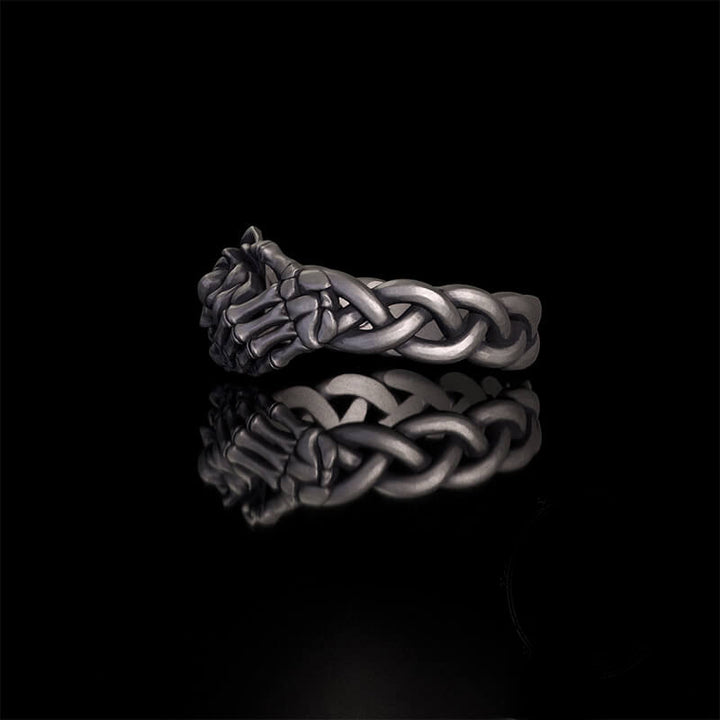 Gothic Skull Hand Holding Rose Sterling Silver Ring