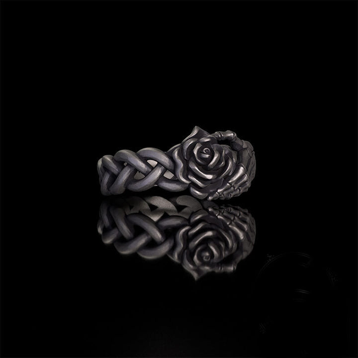 Gothic Skull Hand Holding Rose Sterling Silver Ring | RoyalLuster.com