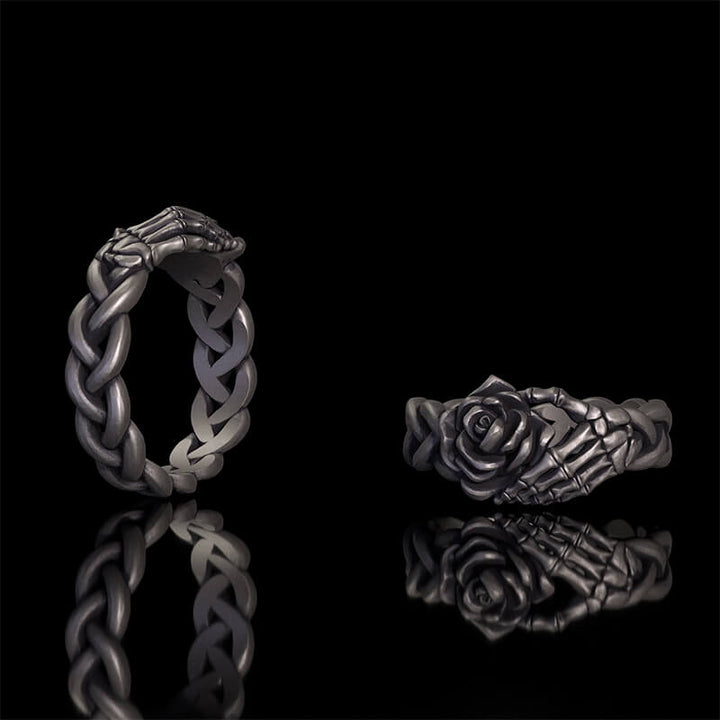 Gothic Skull Hand Holding Rose Sterling Silver Ring | RoyalLuster.com