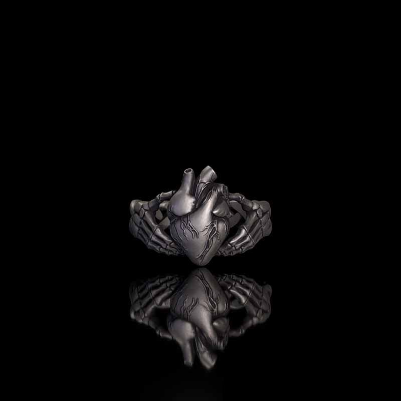 Gothic Skull Hands Holding Heart Sterling Silver Ring 03 | RoyalLuster.com