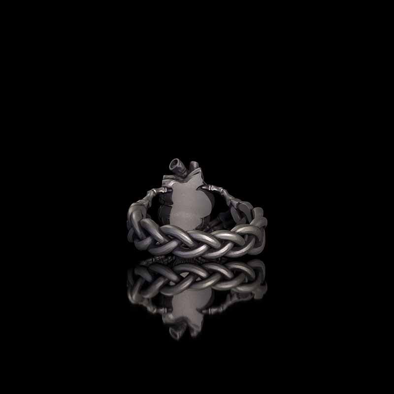 Gothic Skull Hands Holding Heart Sterling Silver Ring