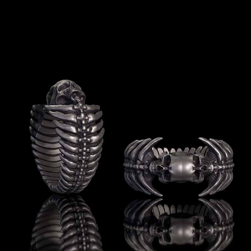 Gothic Skull Head Spine Sterling Silver Ring 01 | RoyalLuster.com