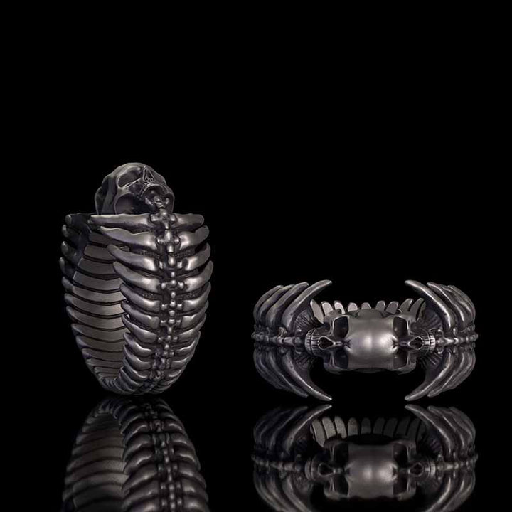 Gothic Skull Head Spine Sterling Silver Ring 01 | RoyalLuster.com