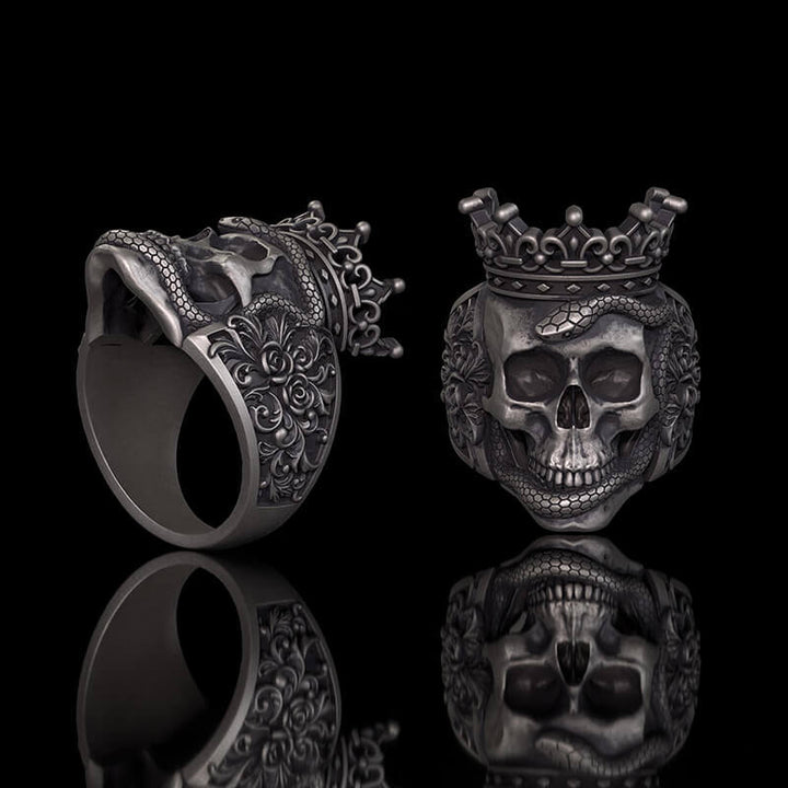 Gothic Snake Entwined Crown Skull Sterling Silver Ring | RoyalLuster.com