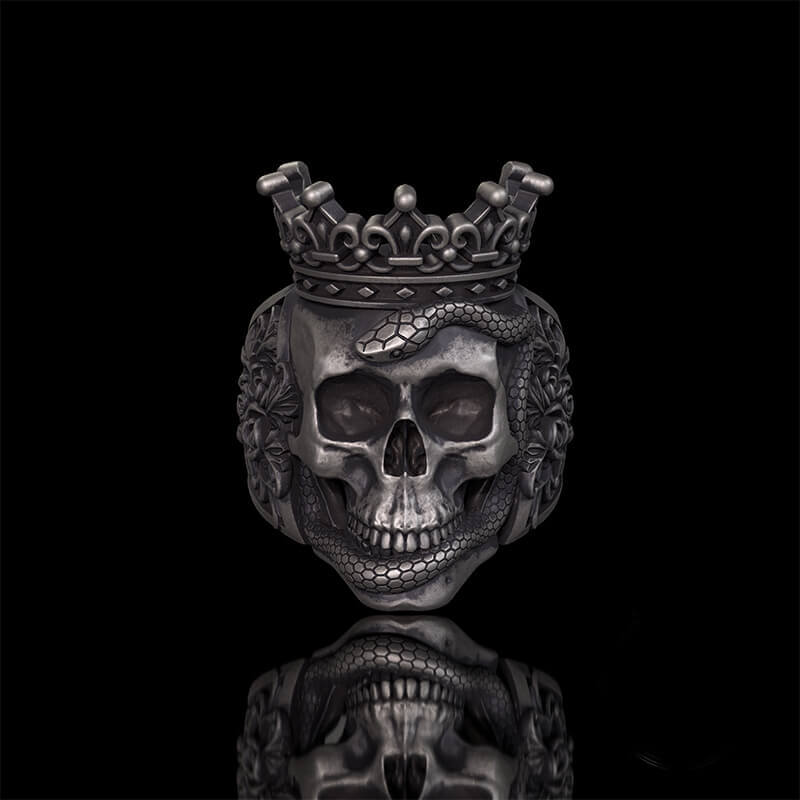 Gothic Snake Entwined Crown Skull Sterling Silver Ring | RoyalLuster.com