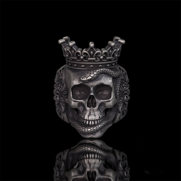 Gothic Snake Entwined Crown Skull Sterling Silver Ring | RoyalLuster.com