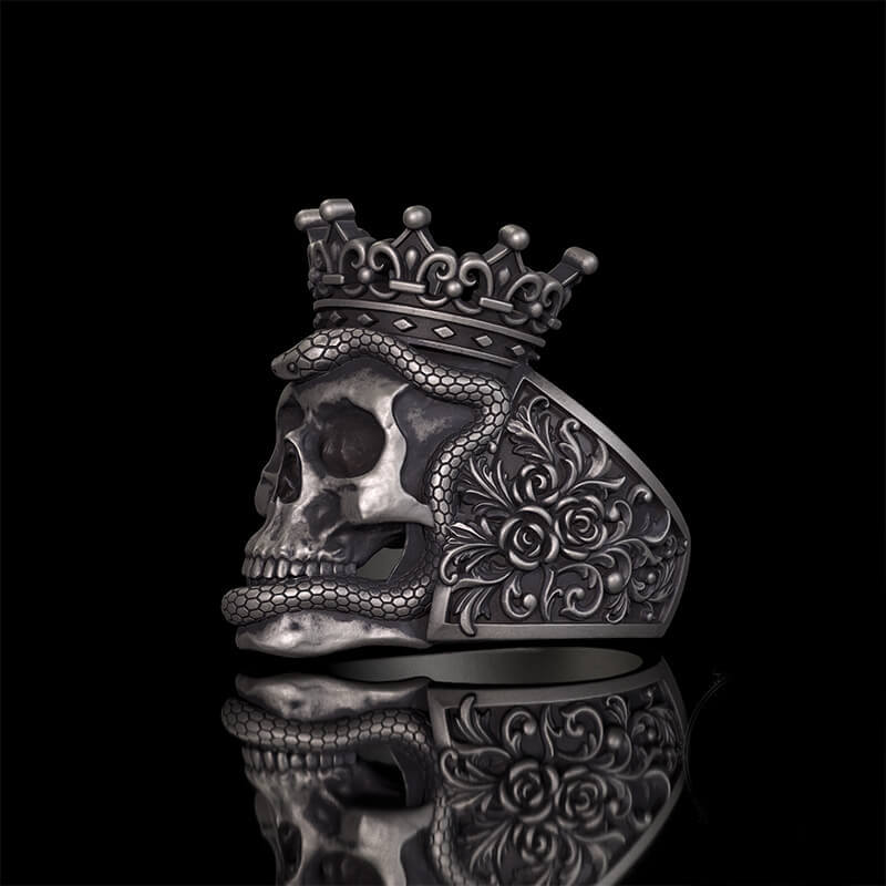 Gothic Snake Entwined Crown Skull Sterling Silver Ring
