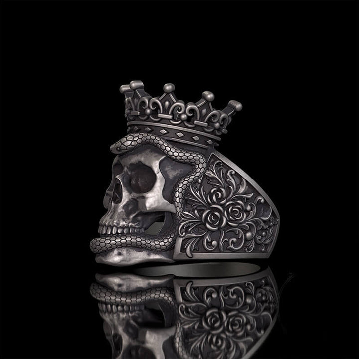 Gothic Snake Entwined Crown Skull Sterling Silver Ring