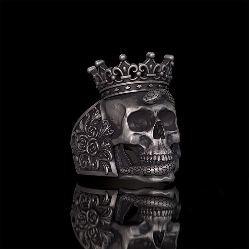Gothic Snake Entwined Crown Skull Sterling Silver Ring | RoyalLuster.com