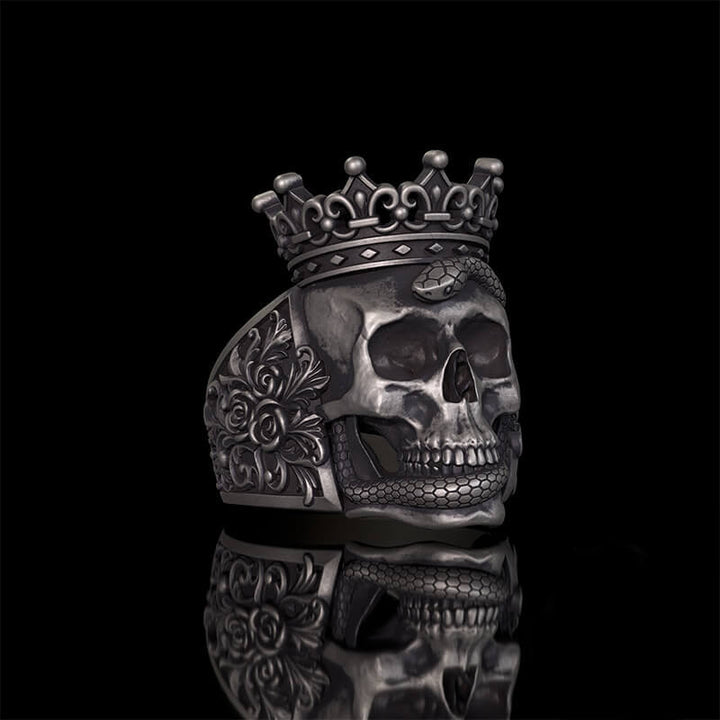 Gothic Snake Entwined Crown Skull Sterling Silver Ring | RoyalLuster.com