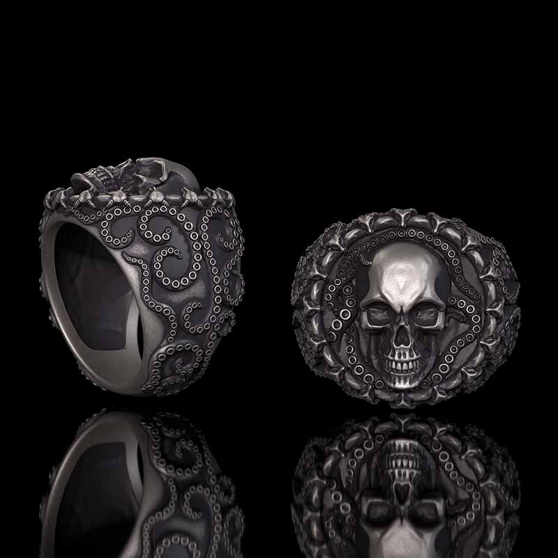 Gothic Tentacle Skull Head Sterling Silver Ring | RoyalLuster.com