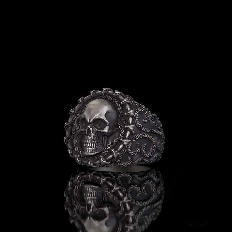 Gothic Tentacle Skull Head Sterling Silver Ring | RoyalLuster.com