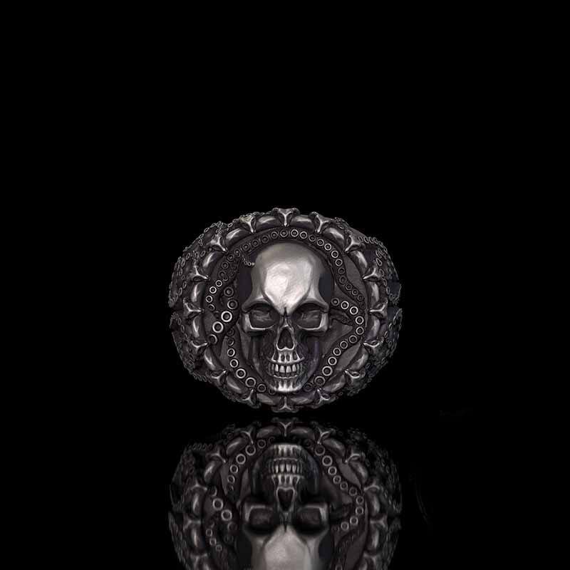 Gothic Tentacle Skull Head Sterling Silver Ring | RoyalLuster.com