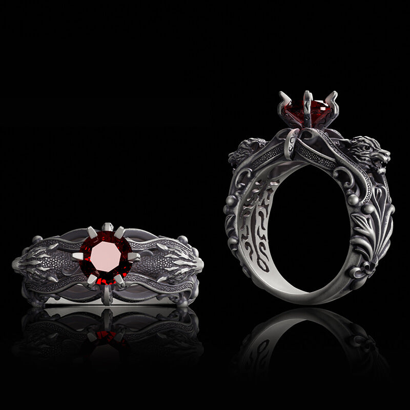 Gothic Tiger Heads Red Gem Sterling Silver Ring | RoyalLuster.com