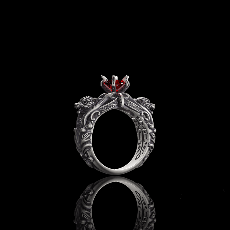 Gothic Tiger Heads Red Gem Sterling Silver Ring | RoyalLuster.com