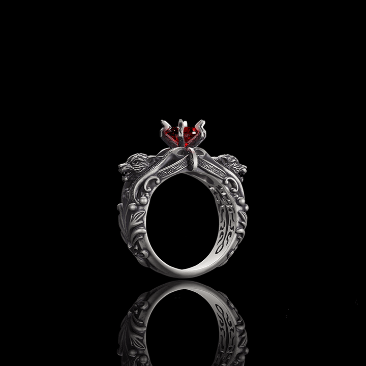 Gothic Tiger Heads Red Gem Sterling Silver Ring | RoyalLuster.com