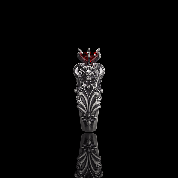 Gothic Tiger Heads Red Gem Sterling Silver Ring