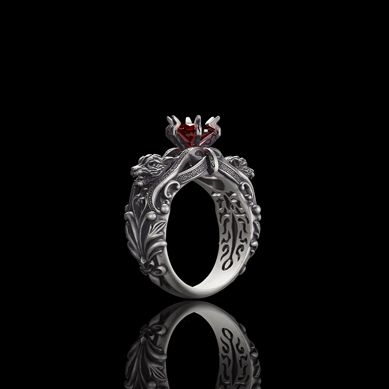 Gothic Tiger Heads Red Gem Sterling Silver Ring