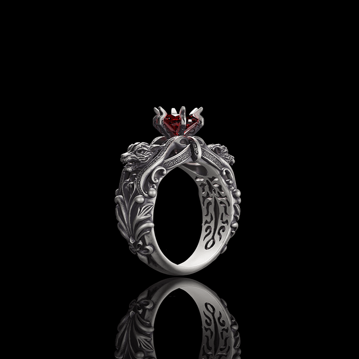 Gothic Tiger Heads Red Gem Sterling Silver Ring