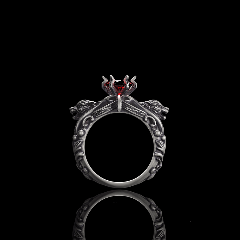 Gothic Tiger Heads Red Gem Sterling Silver Ring