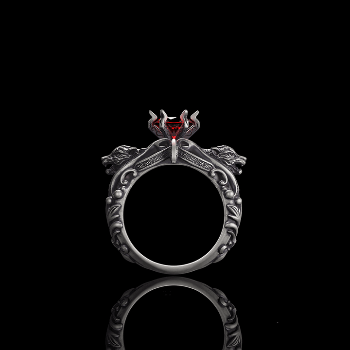 Gothic Tiger Heads Red Gem Sterling Silver Ring