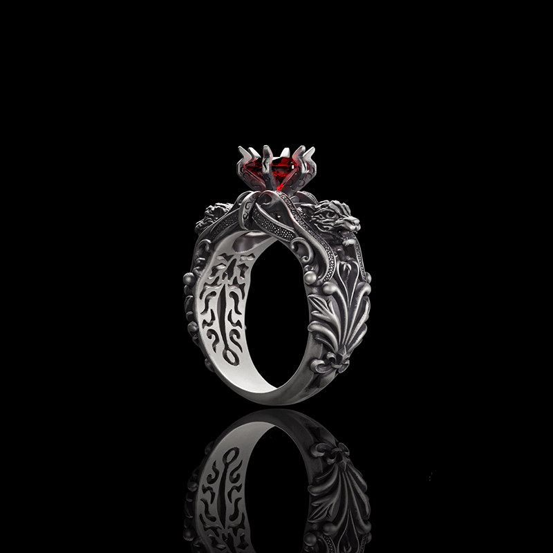 Gothic Tiger Heads Red Gem Sterling Silver Ring | RoyalLuster.com