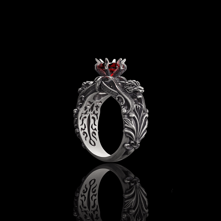 Gothic Tiger Heads Red Gem Sterling Silver Ring | RoyalLuster.com