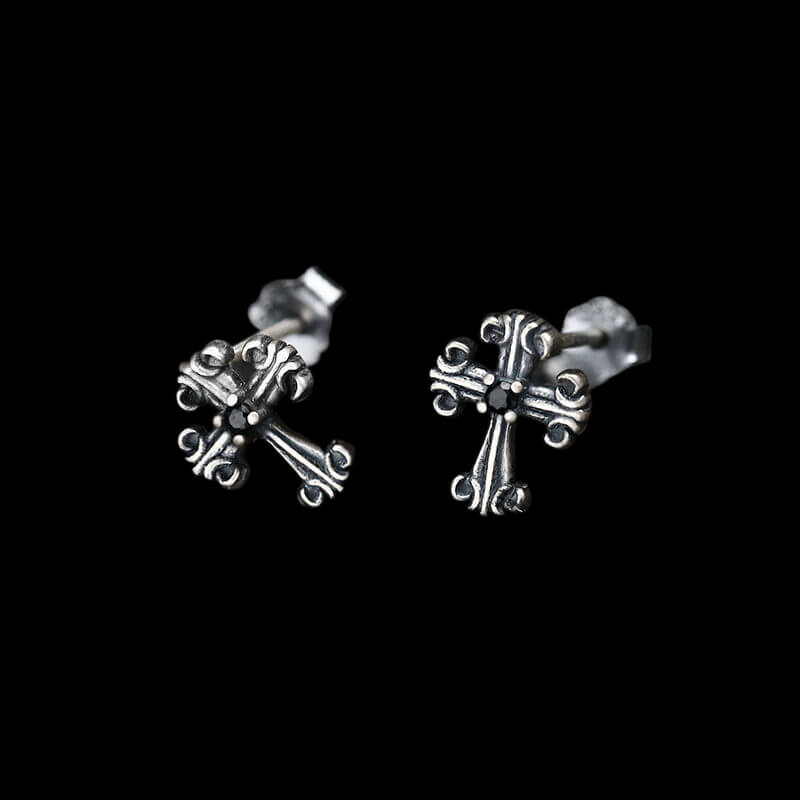 Gothic Victorian Cross 925 Sterling Silver Stud Earrings