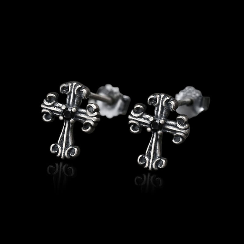 Gothic Victorian Cross 925 Sterling Silver Stud Earrings