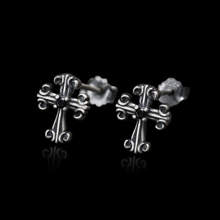 Gothic Victorian Cross 925 Sterling Silver Stud Earrings