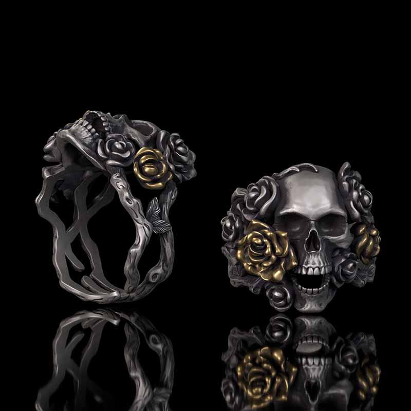 Gothic Vine Rose Skull Gem Sterling Silver Ring 01 | RoyalLuster.com