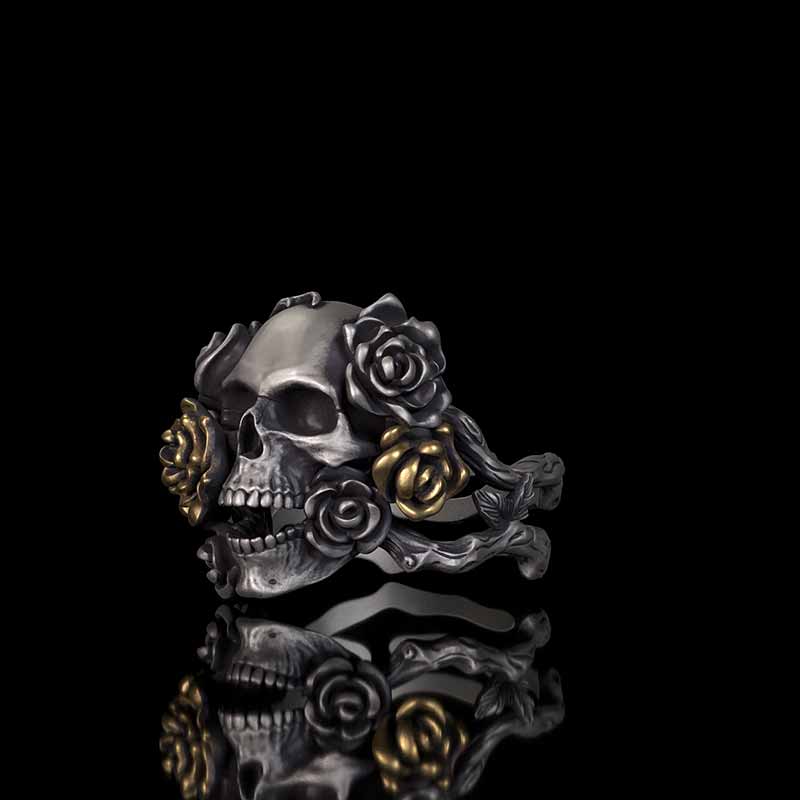 Gothic Vine Rose Skull Gem Sterling Silver Ring 02 | RoyalLuster.com