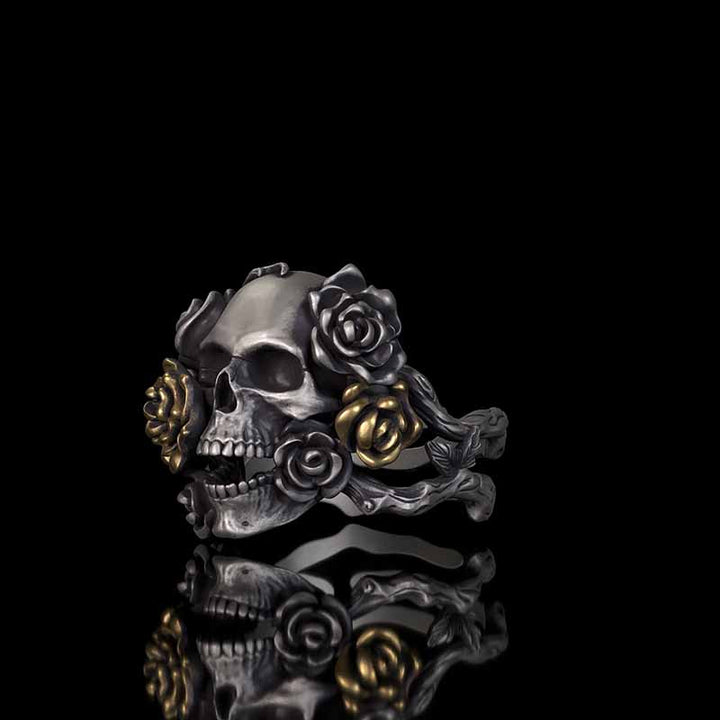 Gothic Vine Rose Skull Gem Sterling Silver Ring 02 | RoyalLuster.com
