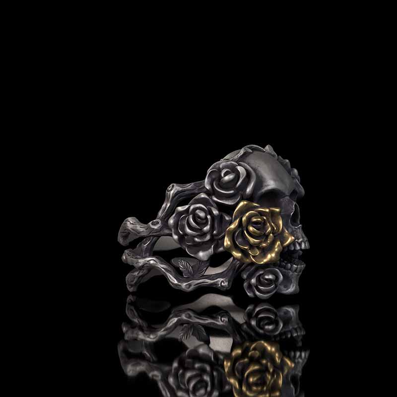 Gothic Vine Rose Skull Gem Sterling Silver Ring 03 | RoyalLuster.com
