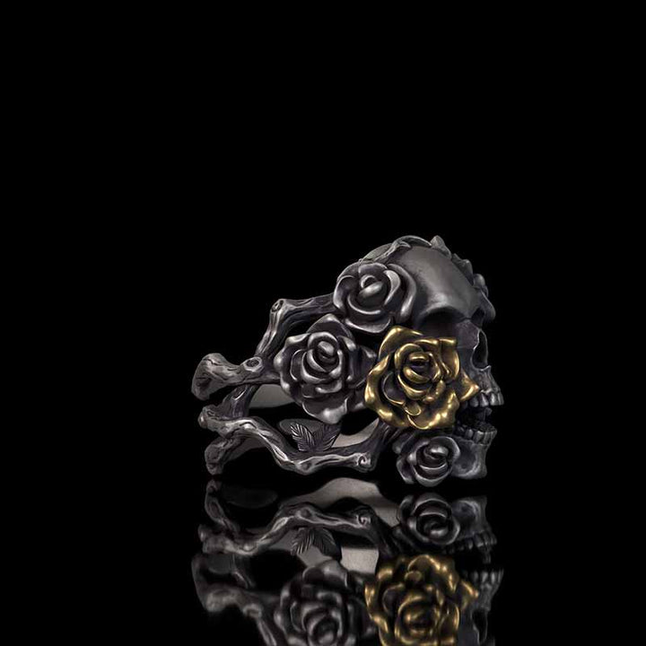 Gothic Vine Rose Skull Gem Sterling Silver Ring 03 | RoyalLuster.com